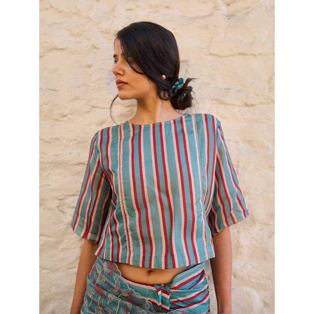 AYAKA Teal Stripes Stitched Blouse