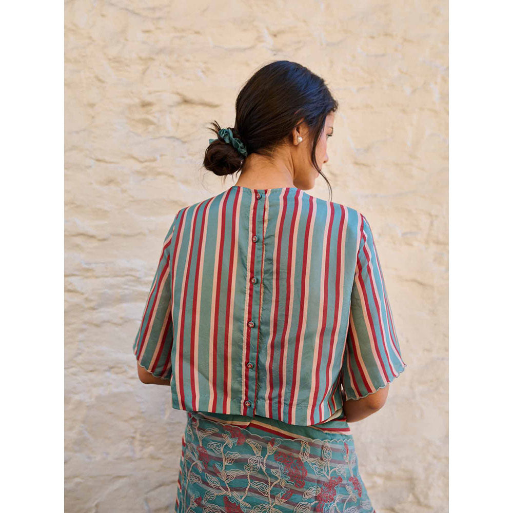 AYAKA Teal Stripes Stitched Blouse