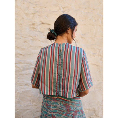 AYAKA Teal Stripes Stitched Blouse