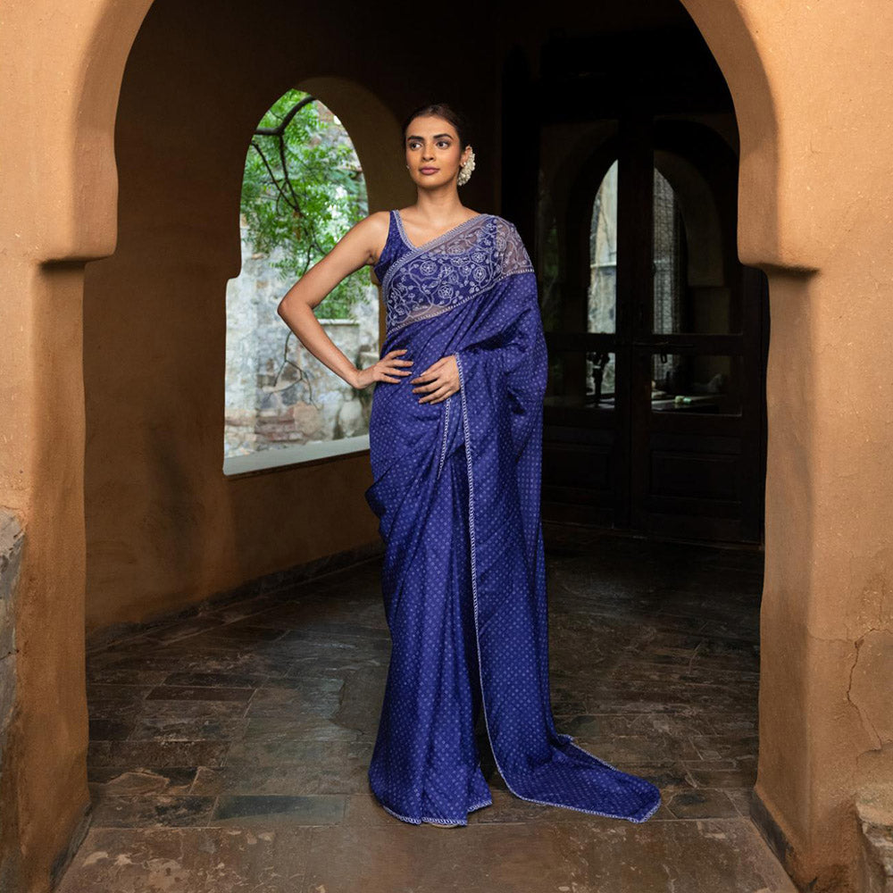 AYAKA Floral Blue Hand Embroidered Saree without Blouse