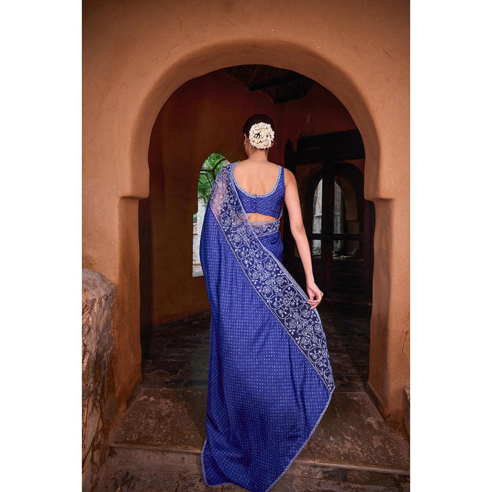 AYAKA Floral Blue Hand Embroidered Saree without Blouse