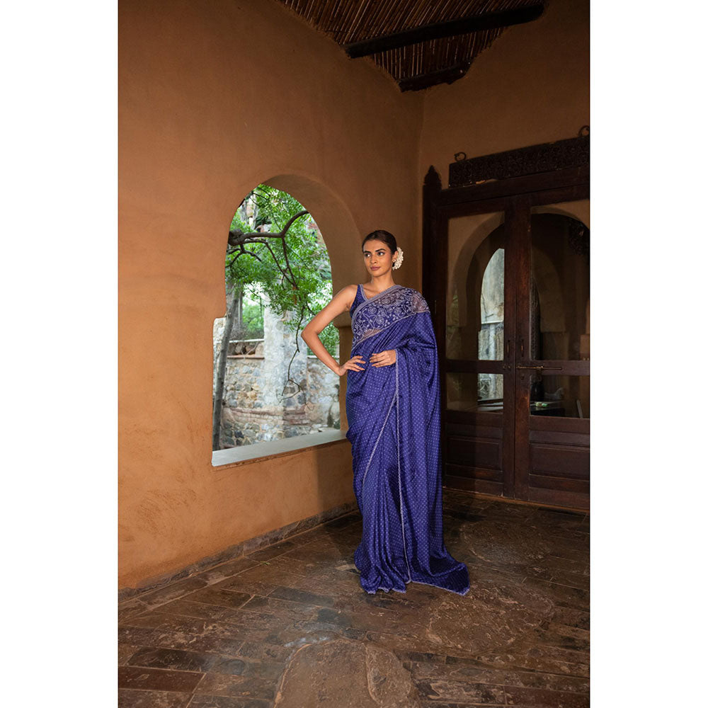 AYAKA Floral Blue Hand Embroidered Saree without Blouse