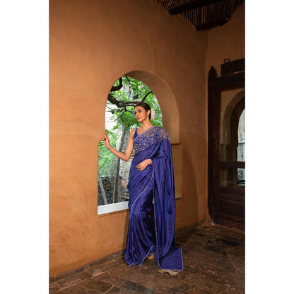AYAKA Floral Blue Hand Embroidered Saree without Blouse