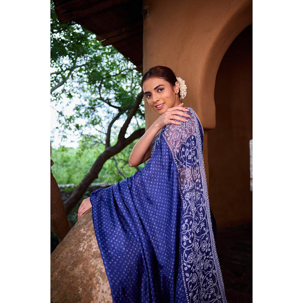 AYAKA Floral Blue Hand Embroidered Saree without Blouse