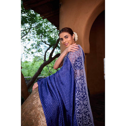 AYAKA Floral Blue Hand Embroidered Saree without Blouse