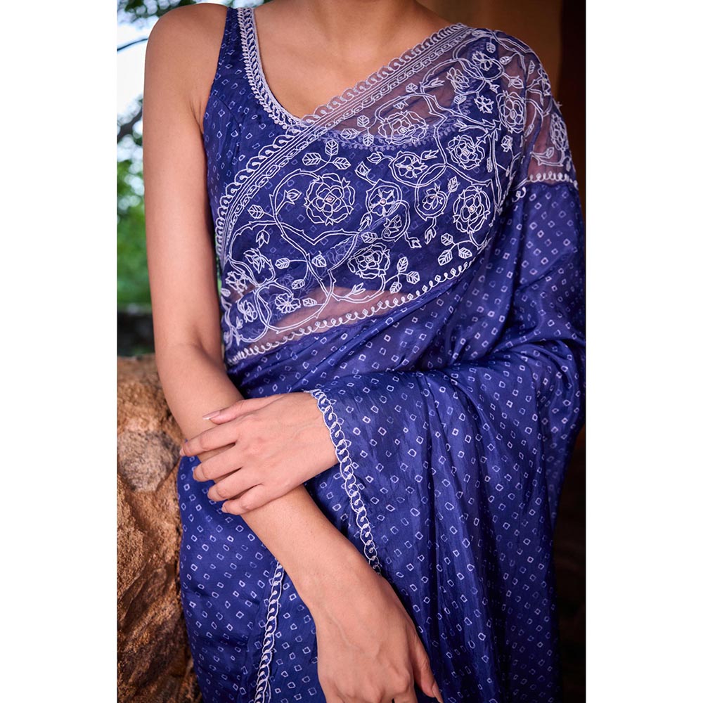 AYAKA Floral Blue Hand Embroidered Saree without Blouse