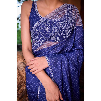 AYAKA Floral Blue Hand Embroidered Saree without Blouse