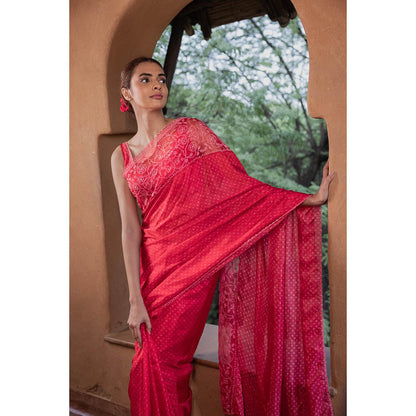 AYAKA Floral Red Hand Embroidered Saree without Blouse