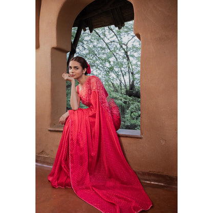 AYAKA Floral Red Hand Embroidered Saree without Blouse