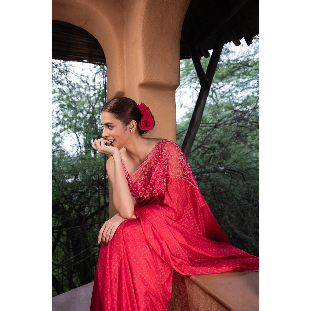 AYAKA Floral Red Hand Embroidered Saree without Blouse