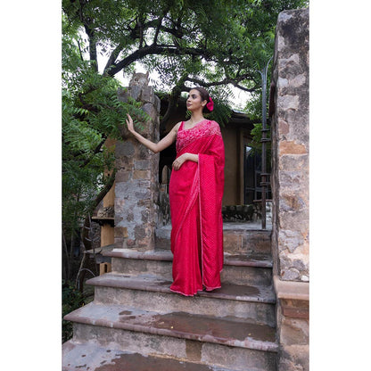 AYAKA Floral Red Hand Embroidered Saree without Blouse