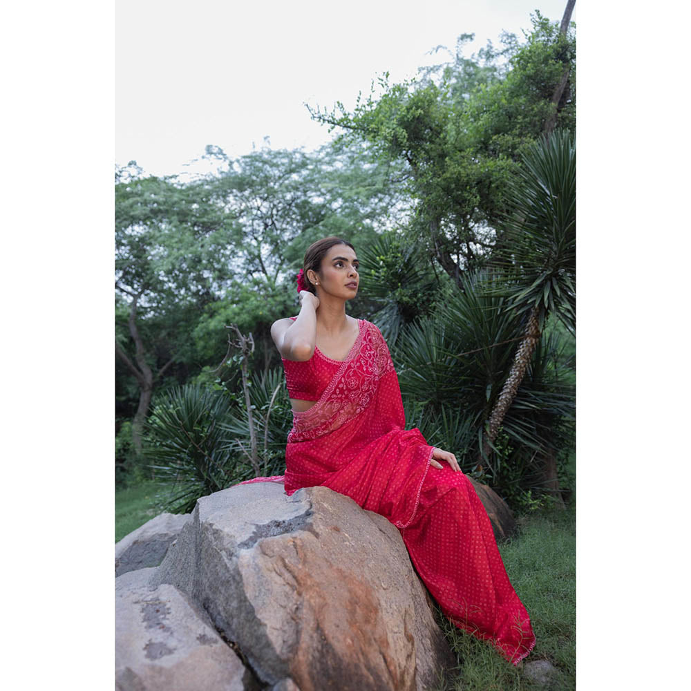 AYAKA Floral Red Hand Embroidered Saree without Blouse