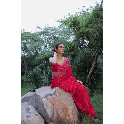 AYAKA Floral Red Hand Embroidered Saree without Blouse