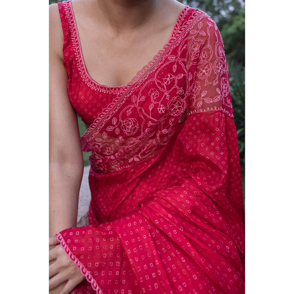 AYAKA Floral Red Hand Embroidered Saree without Blouse