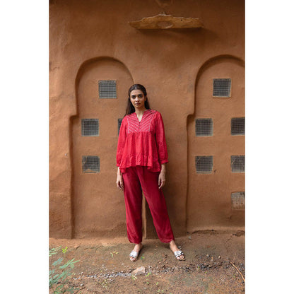 AYAKA Cara Red Hand Embordered Top