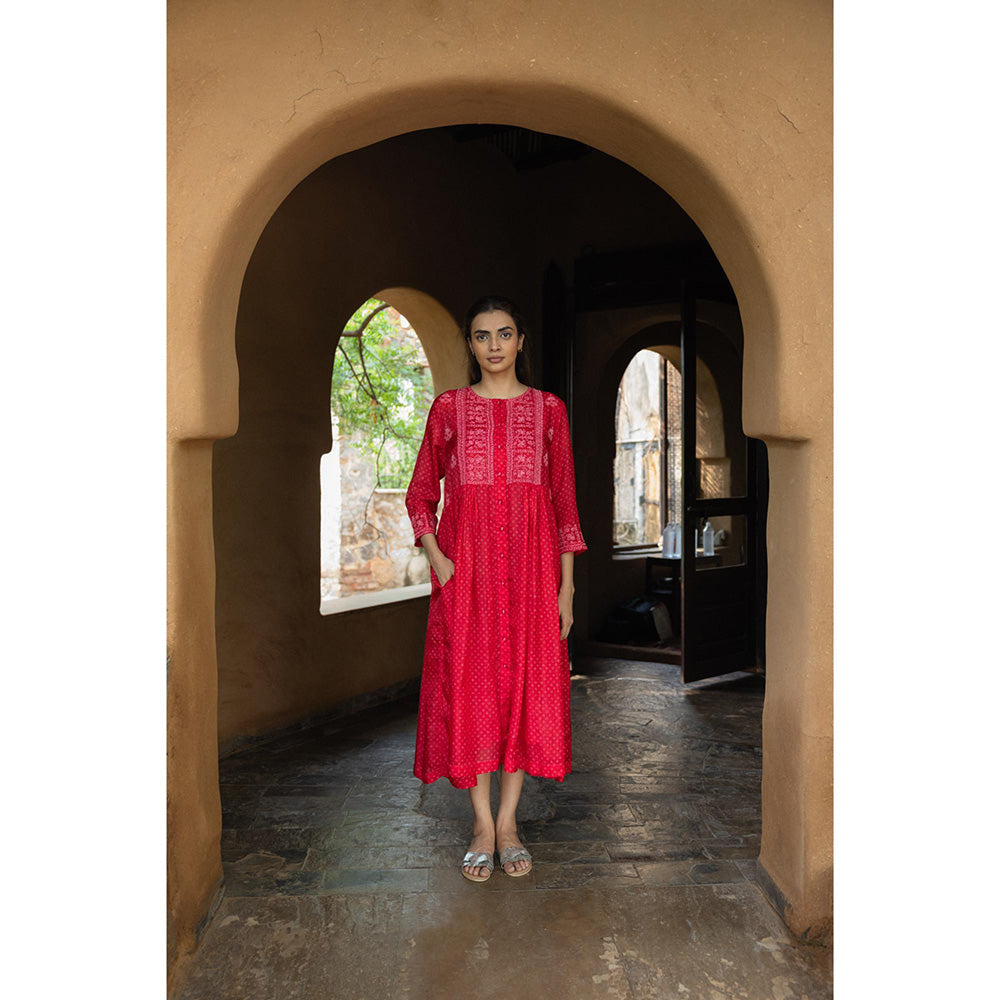 AYAKA Karen Red Bandhani Print Dress