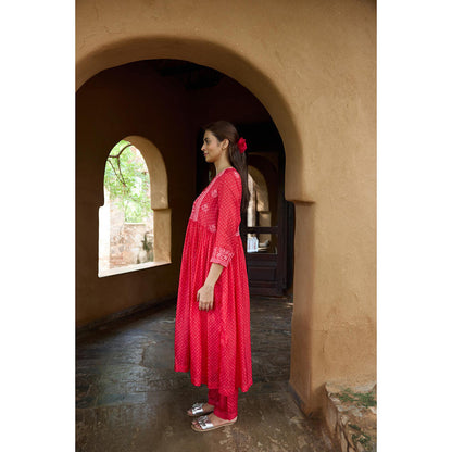 AYAKA Karen Red Bandhani Print Dress