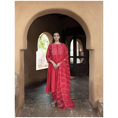 AYAKA Karen Red Bandhani Print Dress
