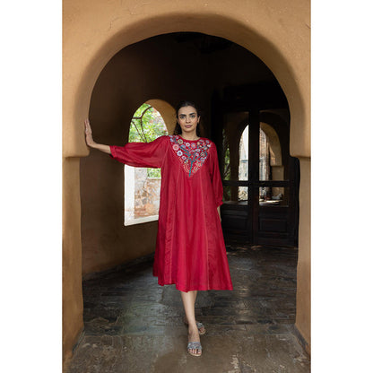 AYAKA Julian Red Embroidered Panel Dress (Set of 2)