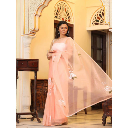 Bannhi by Priyanka Rathore Rose Tiffany Hand Painted Printed Saree without Blouse