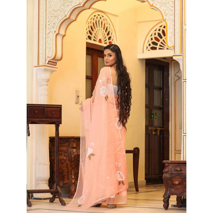 Bannhi by Priyanka Rathore Rose Tiffany Hand Painted Printed Saree without Blouse