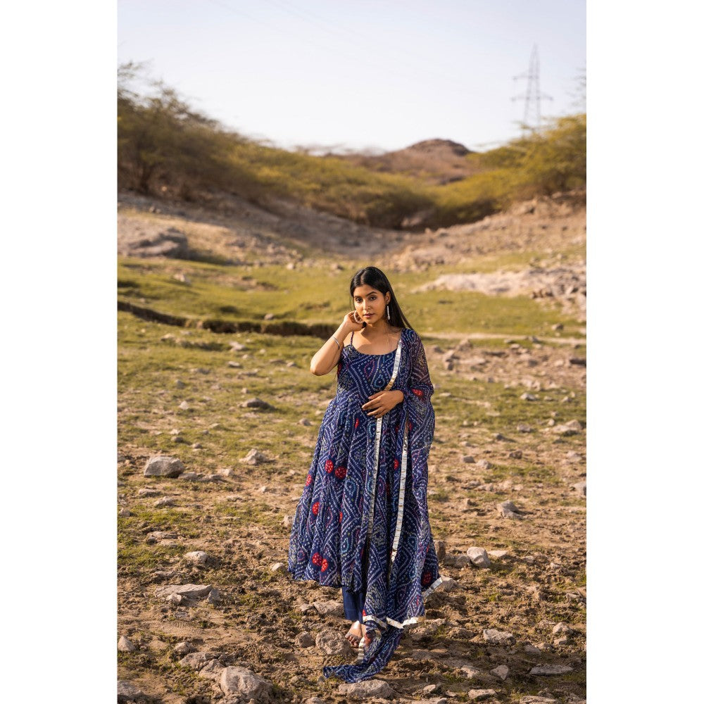 Bannhi by Priyanka Rathore Royal Blue Bandhani Anarkali Suit (Set of 3)