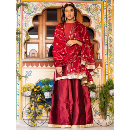 Bannhi by Priyanka Rathore Kurjan Maroon Sharara (Set of 3)