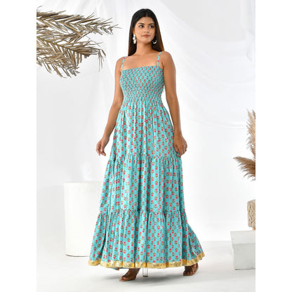 Bannhi by Priyanka Rathore Turquoise Floral Buta Floor Length Dress