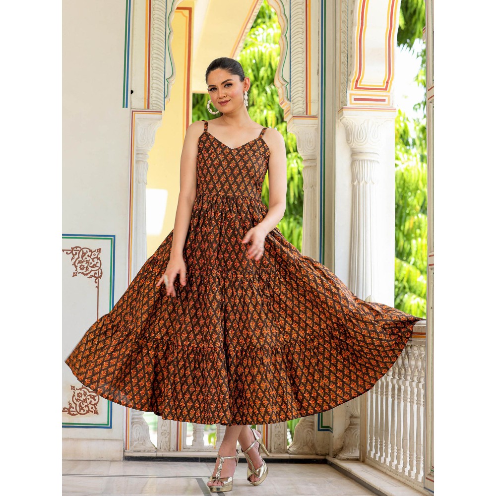 Bannhi by Priyanka Rathore Walnut Floral Printed Cotton Dress