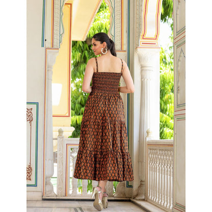 Bannhi by Priyanka Rathore Walnut Floral Printed Cotton Dress