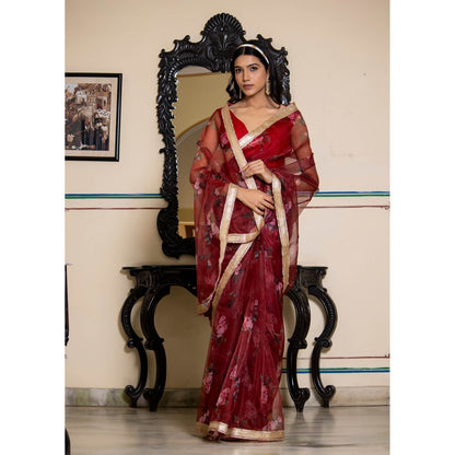Bannhi by Priyanka Rathore Rumi Maroon Berry Organza Printed Saree with Unstitched Blouse