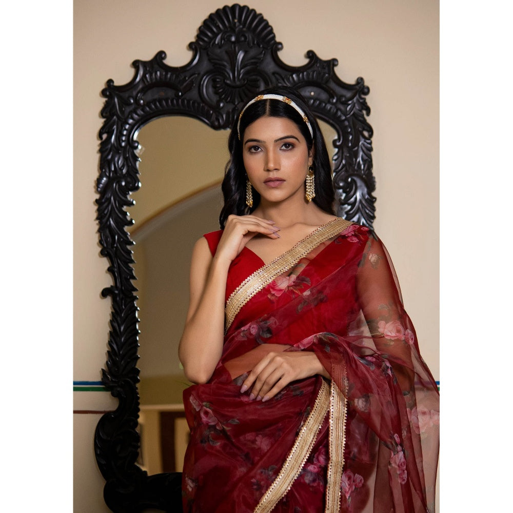 Bannhi by Priyanka Rathore Rumi Maroon Berry Organza Printed Saree with Unstitched Blouse