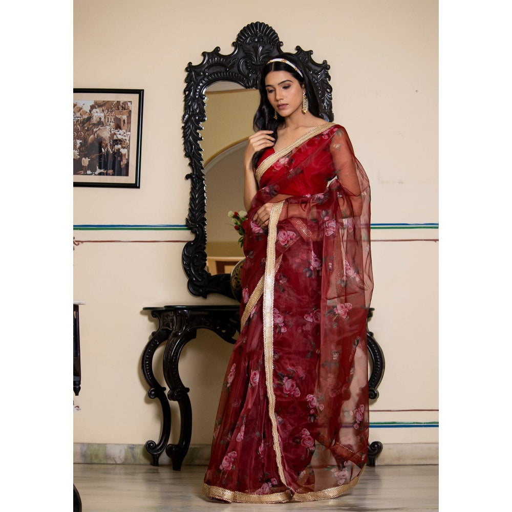 Bannhi by Priyanka Rathore Rumi Maroon Berry Organza Printed Saree with Unstitched Blouse