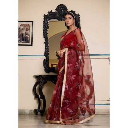 Bannhi by Priyanka Rathore Rumi Maroon Berry Organza Printed Saree with Unstitched Blouse