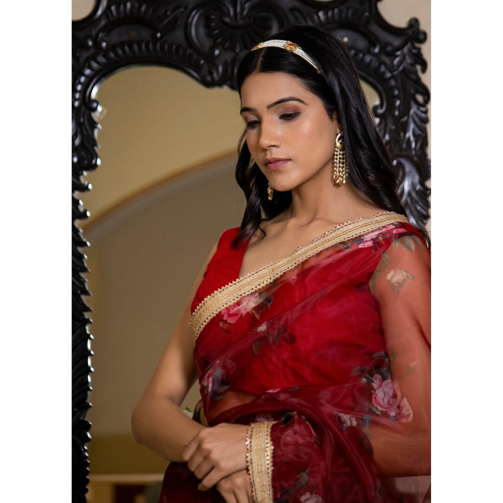 Bannhi by Priyanka Rathore Rumi Maroon Berry Organza Printed Saree with Unstitched Blouse