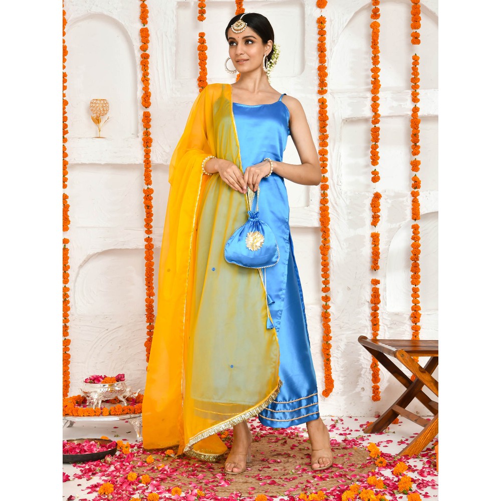 Bannhi by Priyanka Rathore Nanda Satin Blue Kurta with Potli Bag (Set of 4)