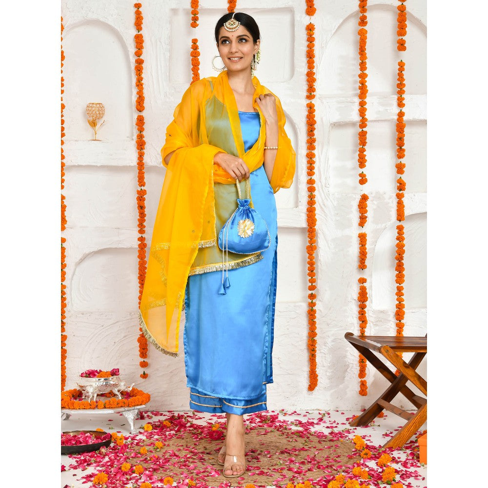 Bannhi by Priyanka Rathore Nanda Satin Blue Kurta with Potli Bag (Set of 4)