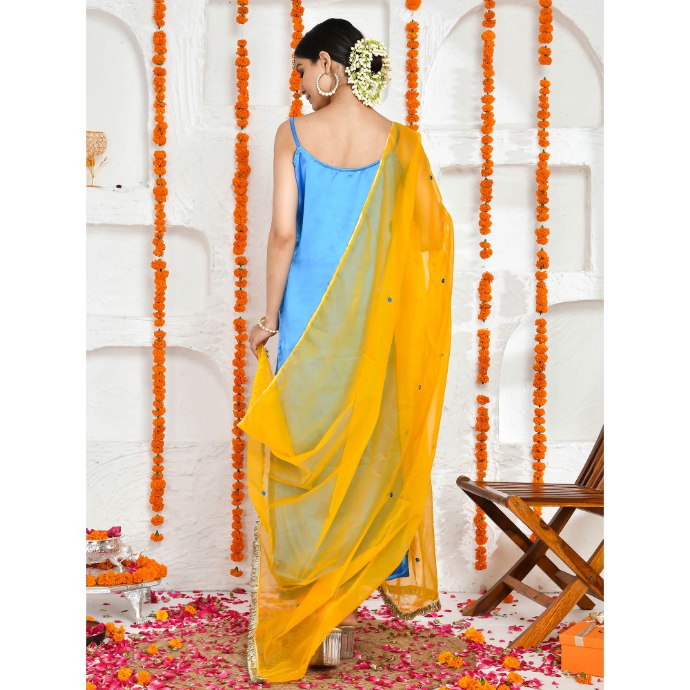 Bannhi by Priyanka Rathore Nanda Satin Blue Kurta with Potli Bag (Set of 4)