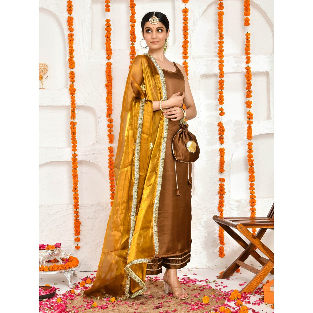 Bannhi by Priyanka Rathore Eka Satin Brown Kurta with Potli Bag (Set of 4)