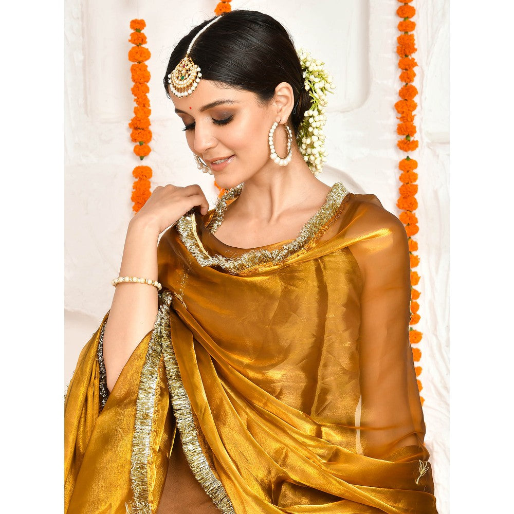 Bannhi by Priyanka Rathore Eka Satin Brown Kurta with Potli Bag (Set of 4)