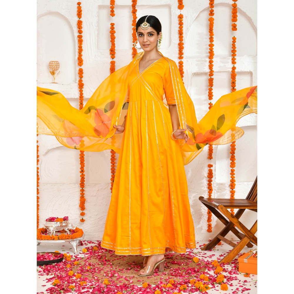 Bannhi by Priyanka Rathore Gauri Yellow Floor Length Anarkali with Potli bag (Set of 3)