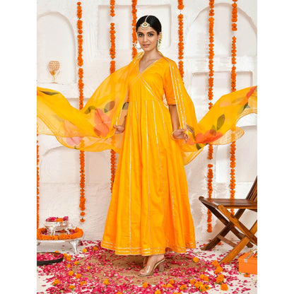 Bannhi by Priyanka Rathore Gauri Yellow Floor Length Anarkali with Potli bag (Set of 3)