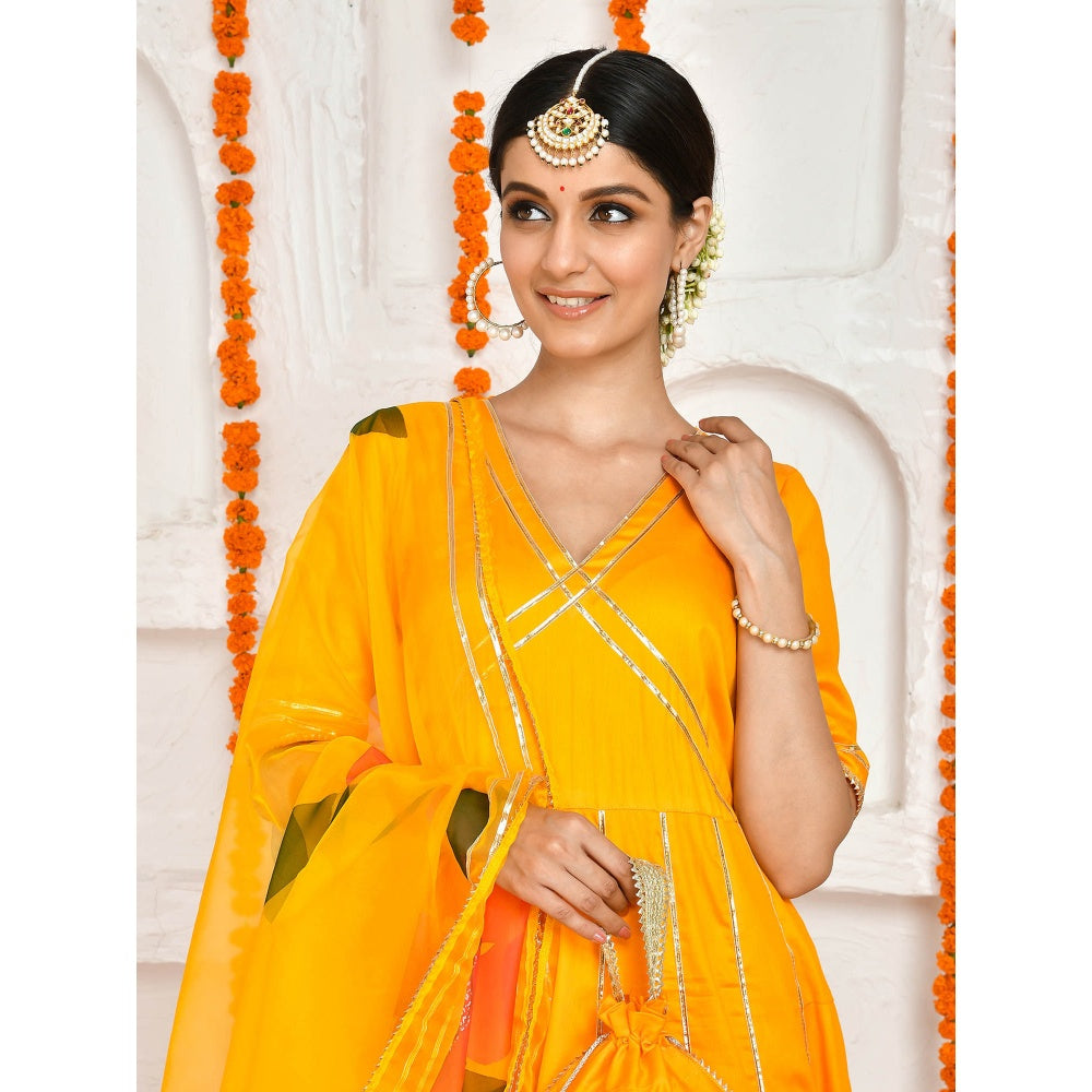 Bannhi by Priyanka Rathore Gauri Yellow Floor Length Anarkali with Potli bag (Set of 3)