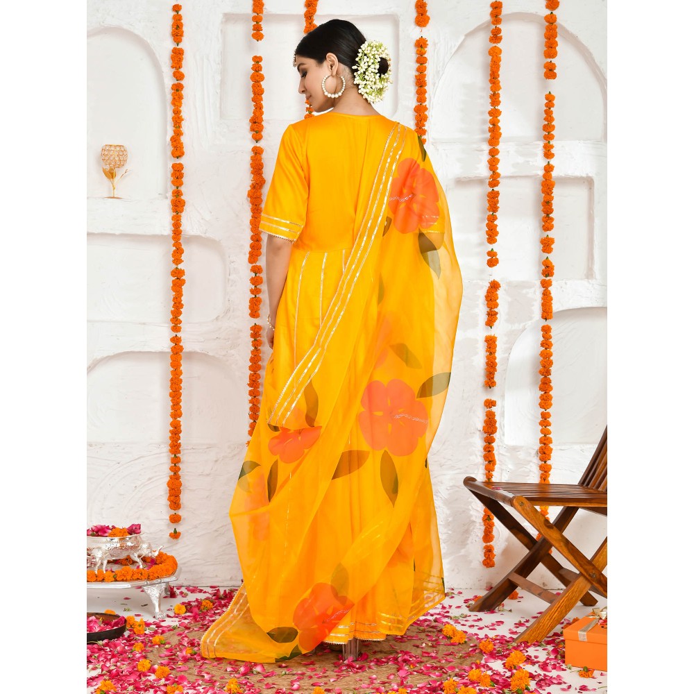 Bannhi by Priyanka Rathore Gauri Yellow Floor Length Anarkali with Potli bag (Set of 3)