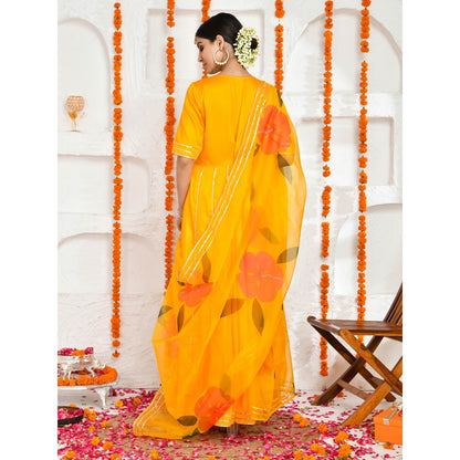 Bannhi by Priyanka Rathore Gauri Yellow Floor Length Anarkali with Potli bag (Set of 3)