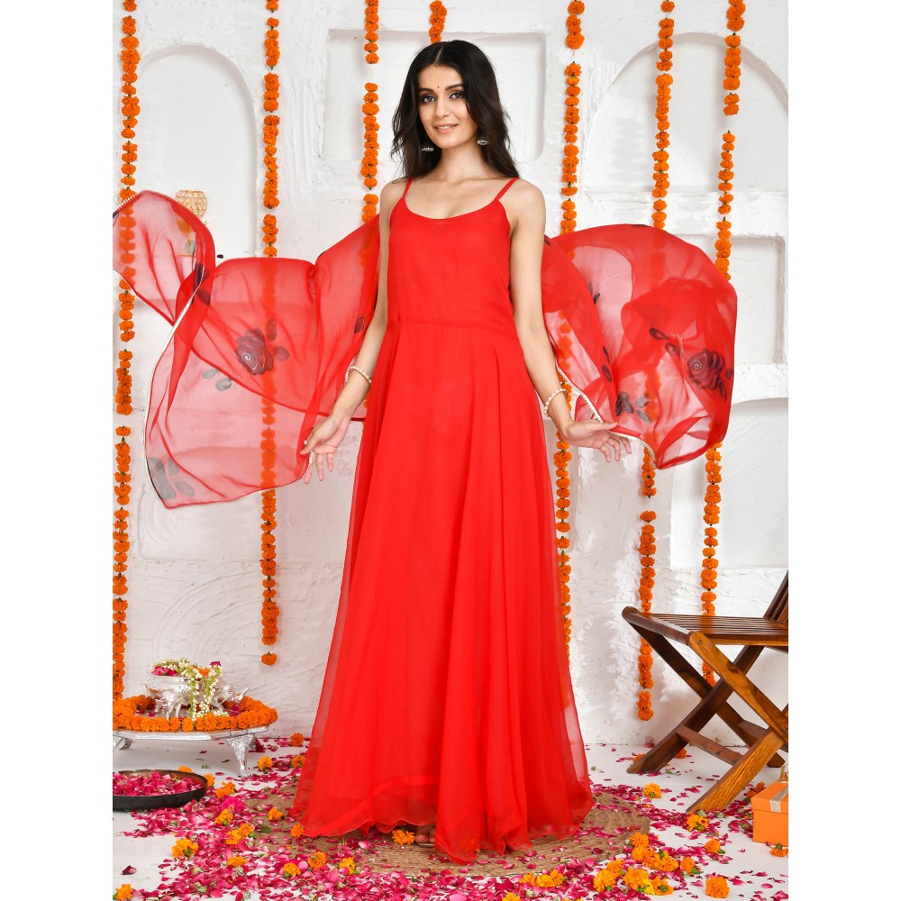 Bannhi by Priyanka Rathore Lola Red Hand Painted Floor Length Anarkali (Set of 2)
