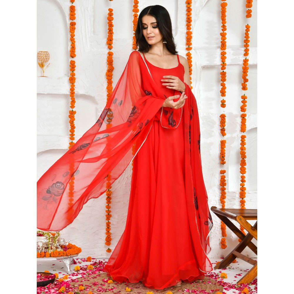 Bannhi by Priyanka Rathore Lola Red Hand Painted Floor Length Anarkali (Set of 2)
