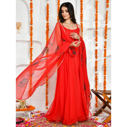 Bannhi by Priyanka Rathore Lola Red Hand Painted Floor Length Anarkali (Set of 2)