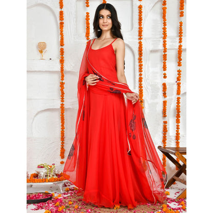 Bannhi by Priyanka Rathore Lola Red Hand Painted Floor Length Anarkali (Set of 2)