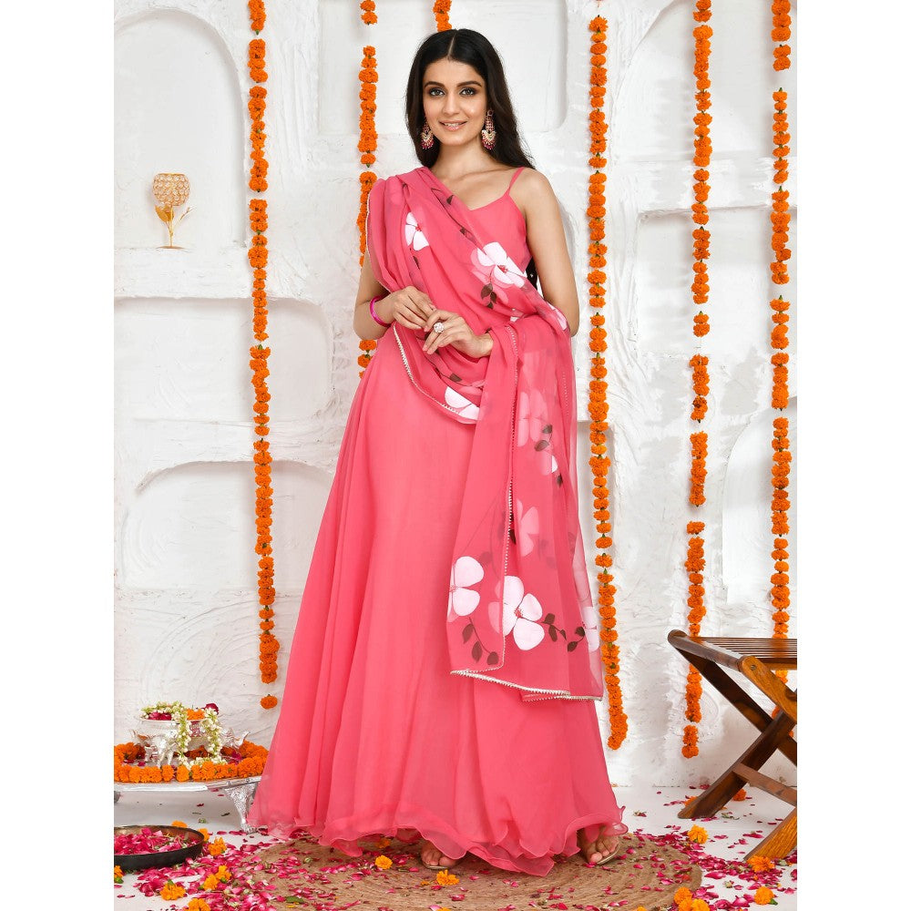 Bannhi by Priyanka Rathore Dipta Pink Hand Painted Printed Floor Length Anarkali (Set of 2)